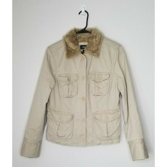 Jacob Connexion Tan Jacket Fur Trim Pockets Size M - Picture 5 of 8
